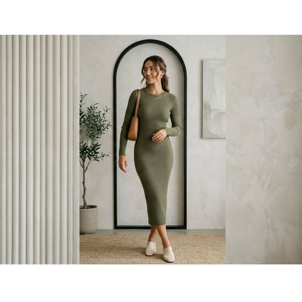 Zara Ribbed Midi Dress Womens Small Bodycon Crew Neck Stretchy Olive Green